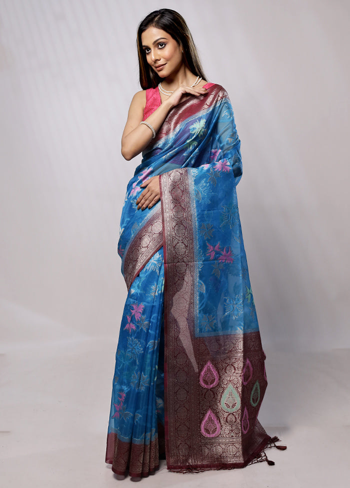 Blue Organza Saree With Blouse Piece