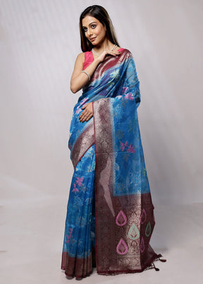 Blue Organza Saree With Blouse Piece