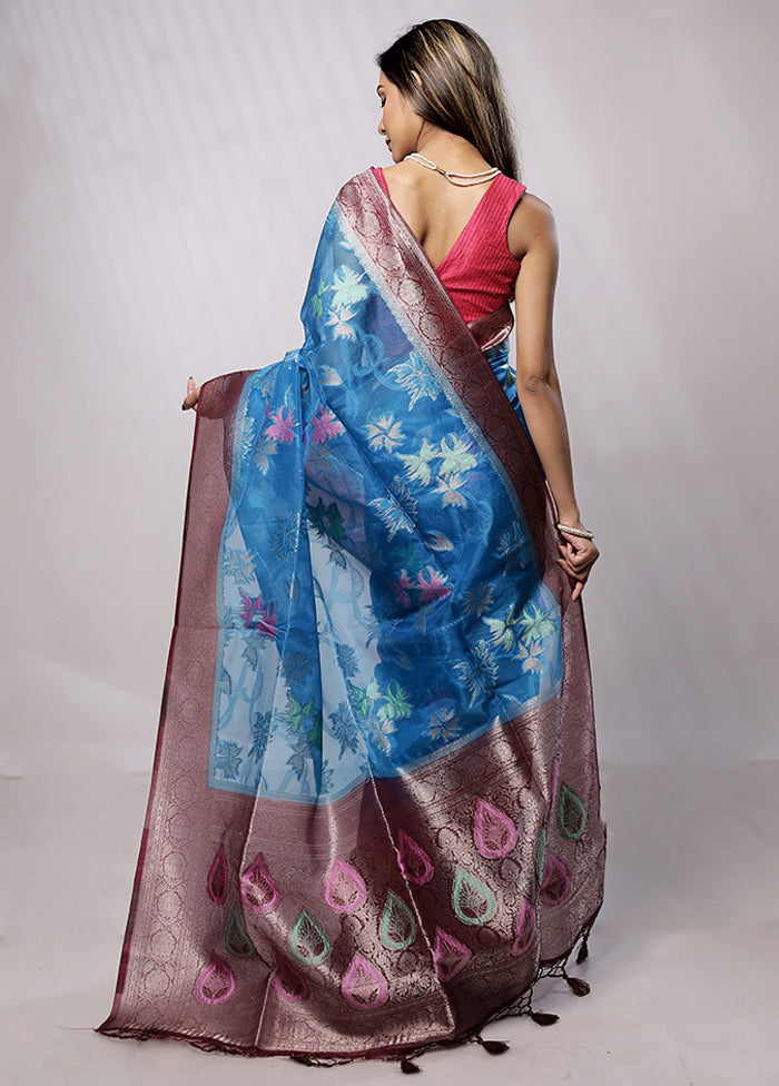 Blue Organza Saree With Blouse Piece