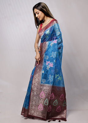 Blue Organza Saree With Blouse Piece