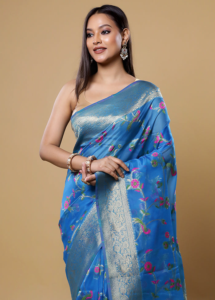 Blue Organza Saree With Blouse Piece