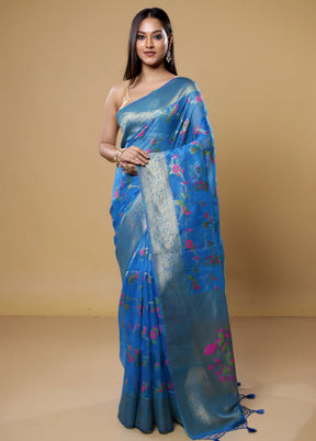 Blue Organza Saree With Blouse Piece