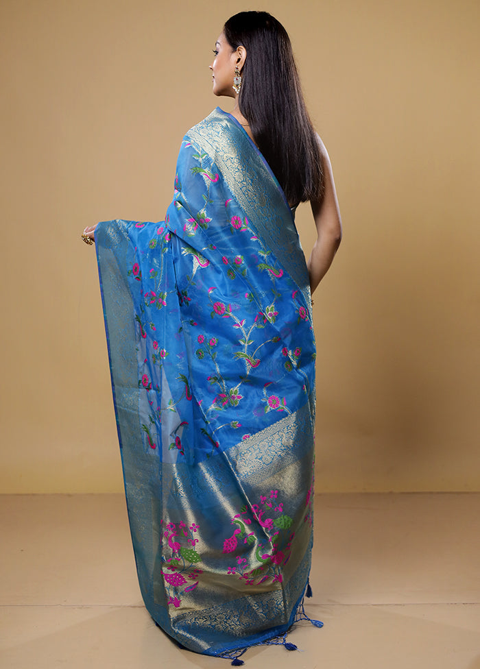 Blue Organza Saree With Blouse Piece