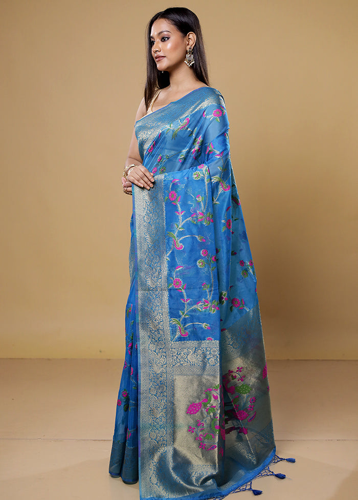 Blue Organza Saree With Blouse Piece