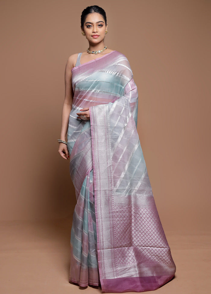 Multicolor Handloom Pure Organza Saree With Blouse Piece