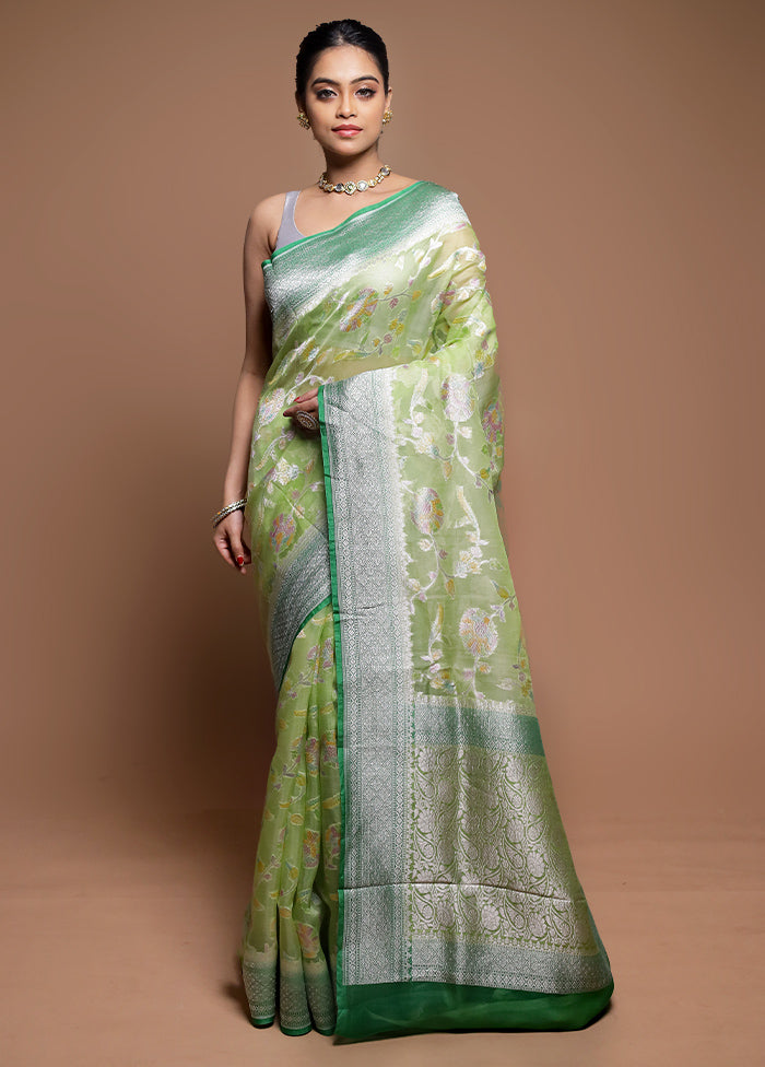 Green Handloom Pure Organza Saree With Blouse Piece