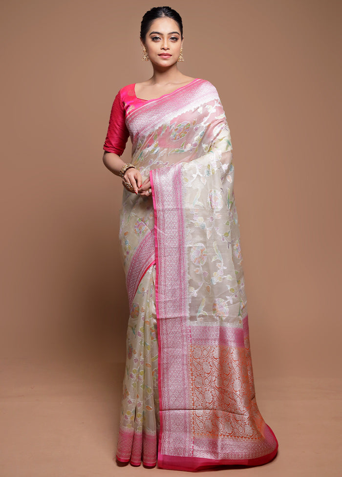 Cream Handloom Pure Organza Saree With Blouse Piece