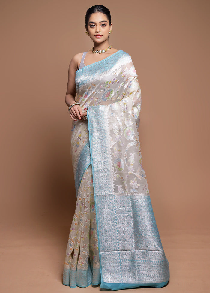 Cream Handloom Pure Organza Saree With Blouse Piece