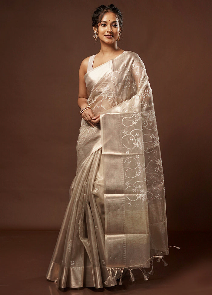 Cream Tissue Silk Saree With Blouse Piece - Indian Silk House Agencies