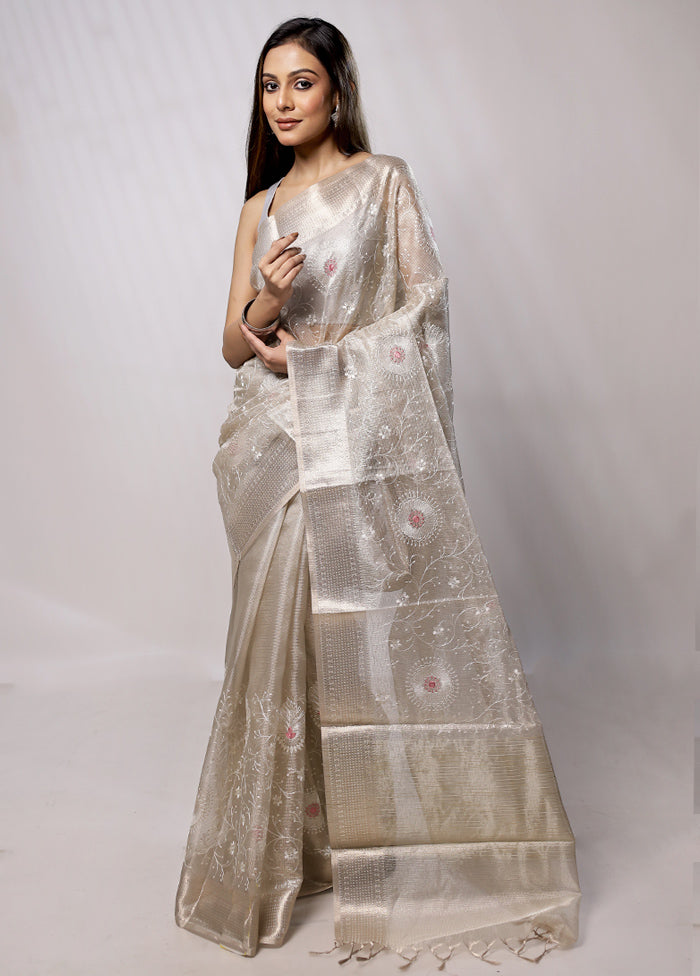 Cream Tissue Silk Saree With Blouse Piece