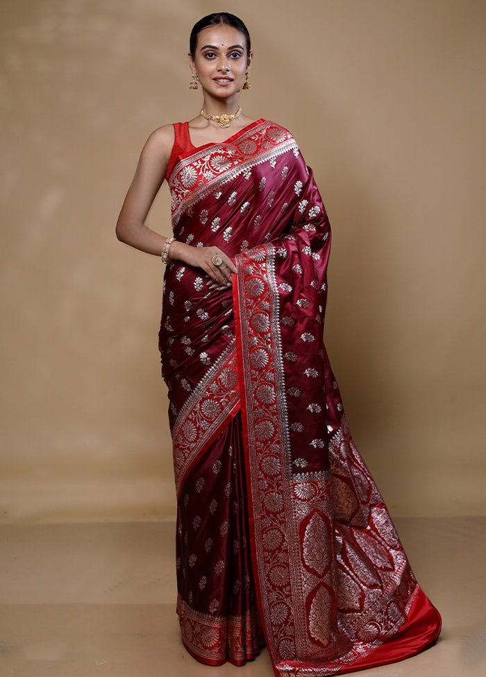 Maroon Banarasi Silk Saree With Blouse Piece