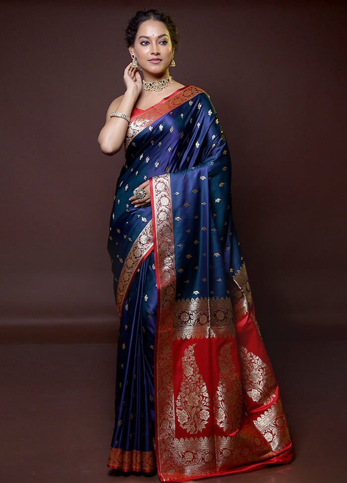 Blue Banarasi Silk Saree With Blouse Piece