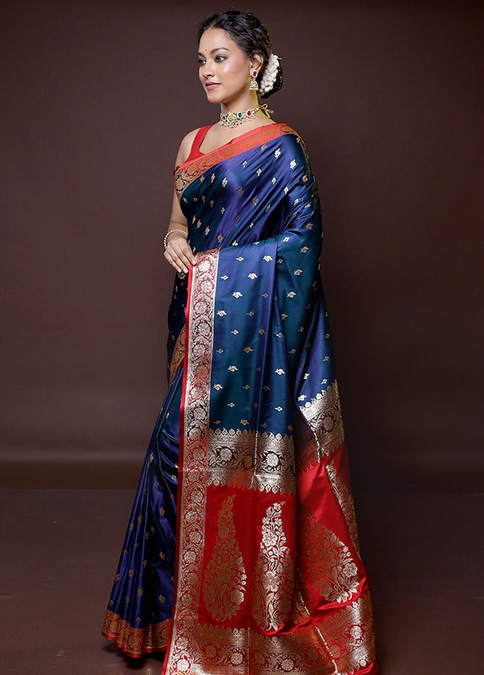 Blue Banarasi Silk Saree With Blouse Piece