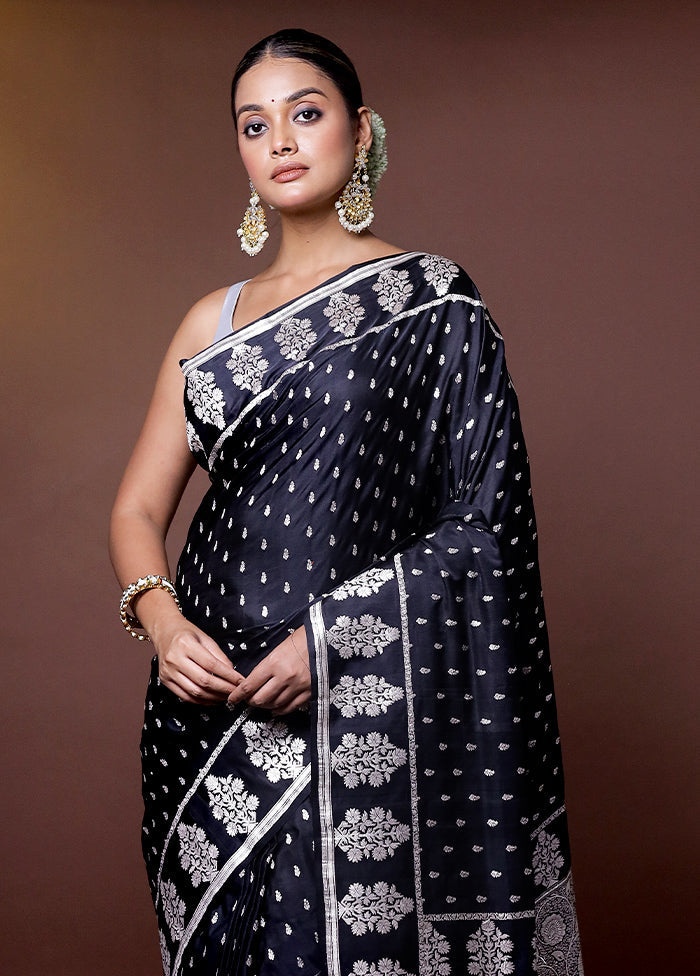 Black Handloom Banarasi Pure Silk Saree With Blouse Piece