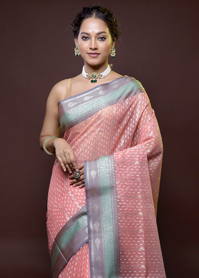 Peach Kora Silk Saree With Blouse Piece