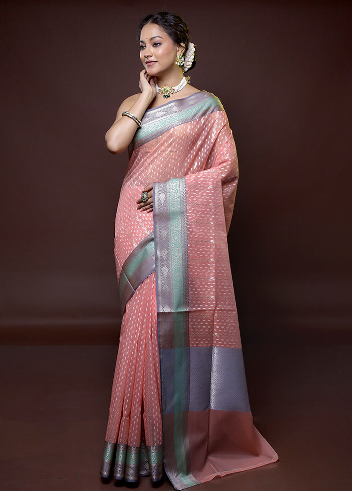 Peach Kora Silk Saree With Blouse Piece