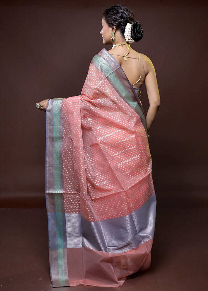 Peach Kora Silk Saree With Blouse Piece