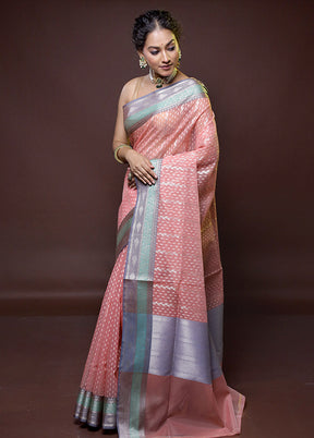 Peach Kora Silk Saree With Blouse Piece