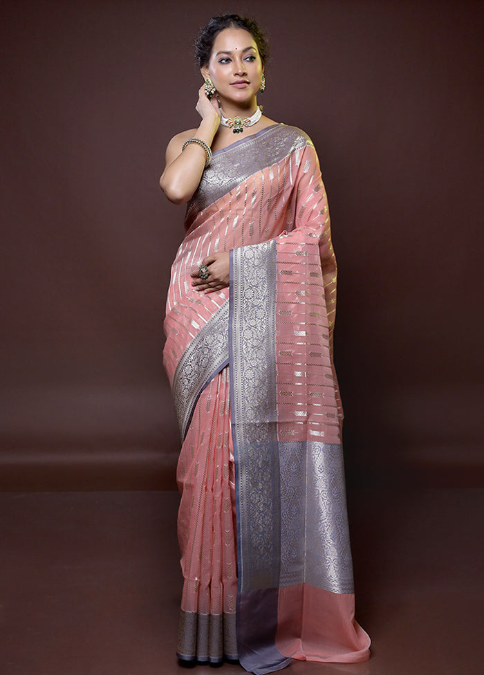 Peach Kora Silk Saree With Blouse Piece