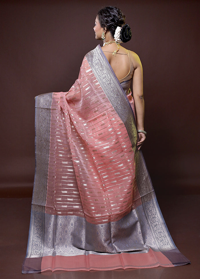 Peach Kora Silk Saree With Blouse Piece