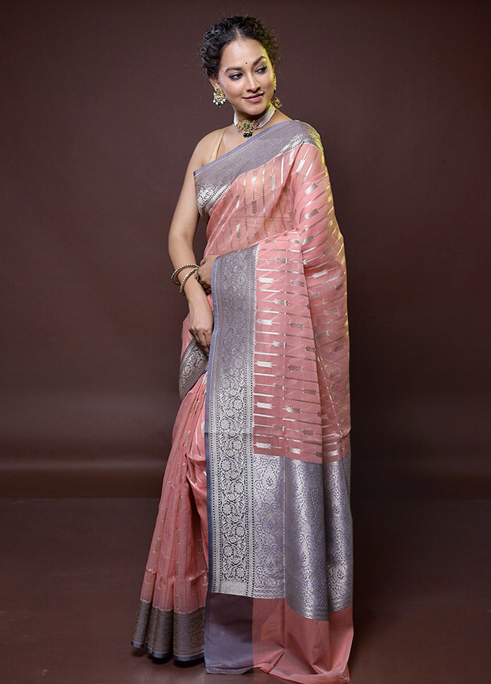 Peach Kora Silk Saree With Blouse Piece