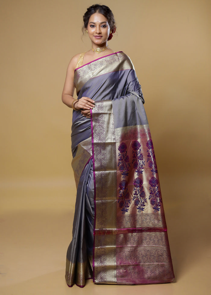 Grey Kanjivaram Silk Saree With Blouse Piece