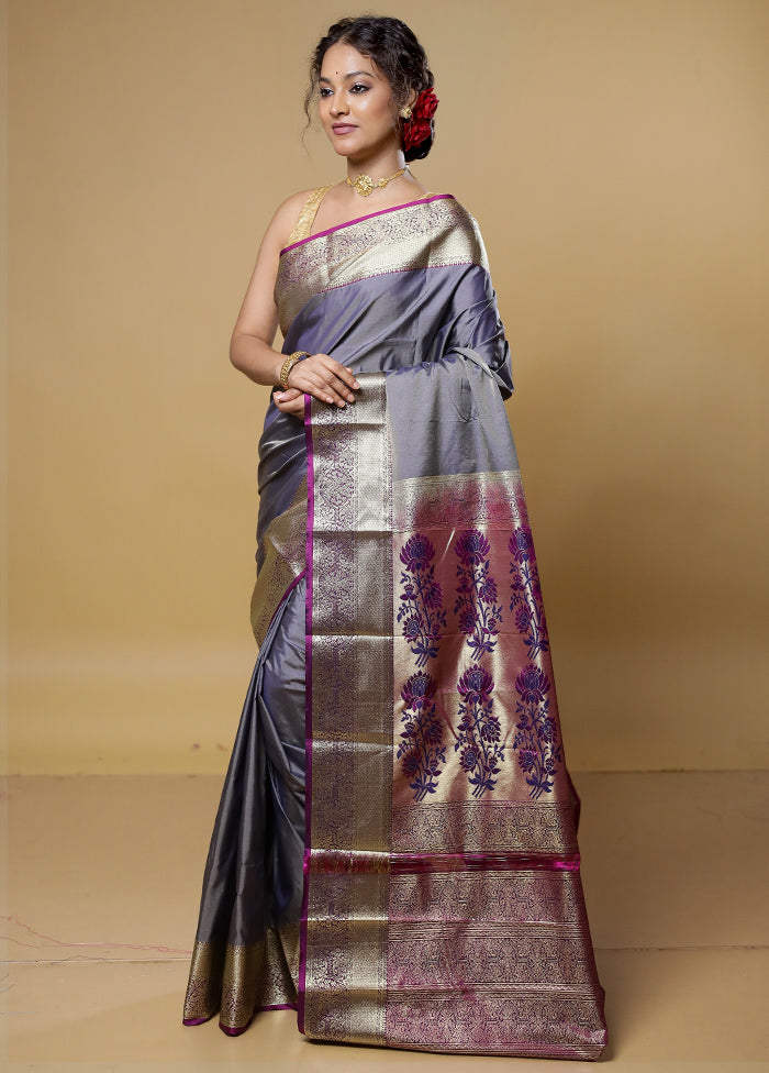 Grey Kanjivaram Silk Saree With Blouse Piece