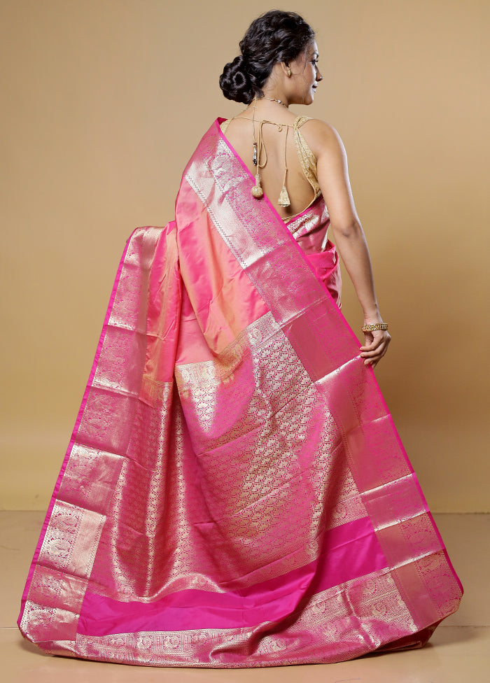 Pink Kanjivaram Silk Saree With Blouse Piece