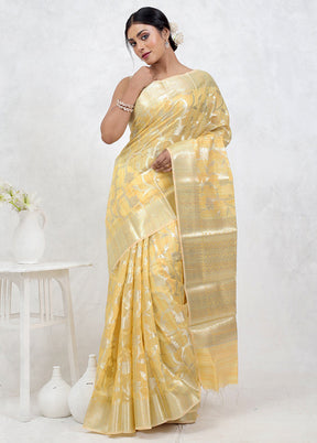 Cream Kora Silk Saree Without Blouse Piece - Indian Silk House Agencies