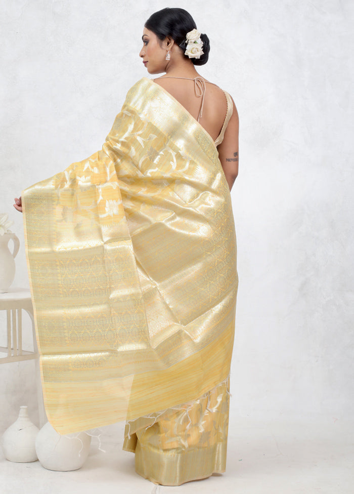 Cream Kora Silk Saree Without Blouse Piece - Indian Silk House Agencies