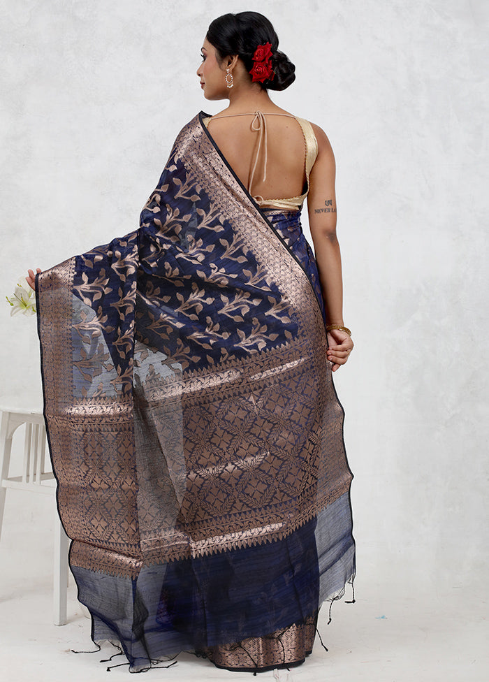 Blue Kora Silk Saree Without Blouse Piece - Indian Silk House Agencies