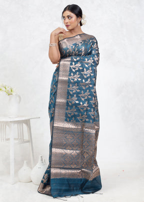 Blue Kora Silk Saree Without Blouse Piece - Indian Silk House Agencies