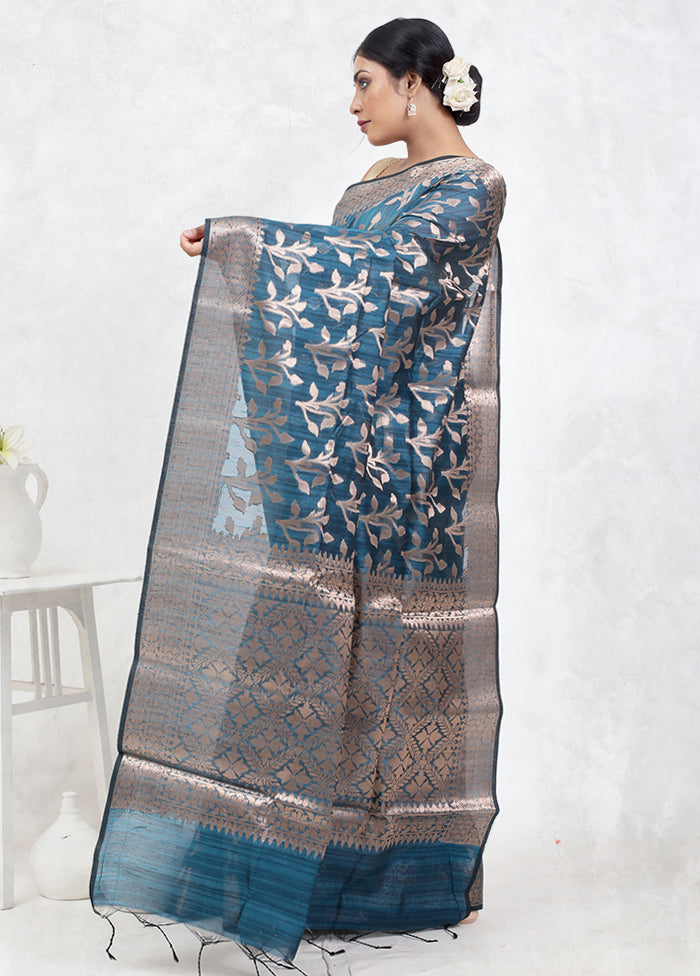 Blue Kora Silk Saree Without Blouse Piece - Indian Silk House Agencies