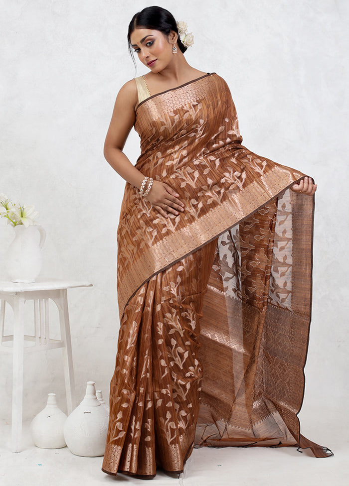Brown Kora Silk Saree Without Blouse Piece