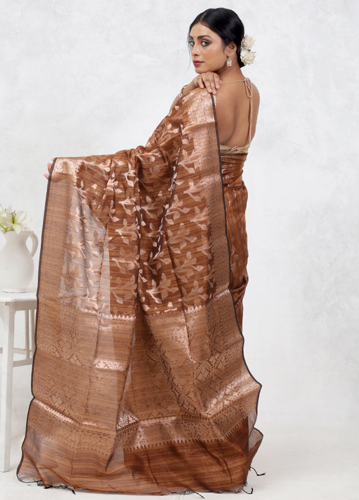 Brown Kora Silk Saree Without Blouse Piece - Indian Silk House Agencies