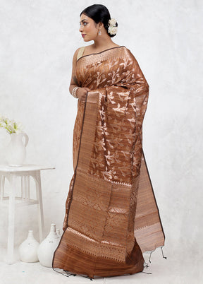 Brown Kora Silk Saree Without Blouse Piece - Indian Silk House Agencies