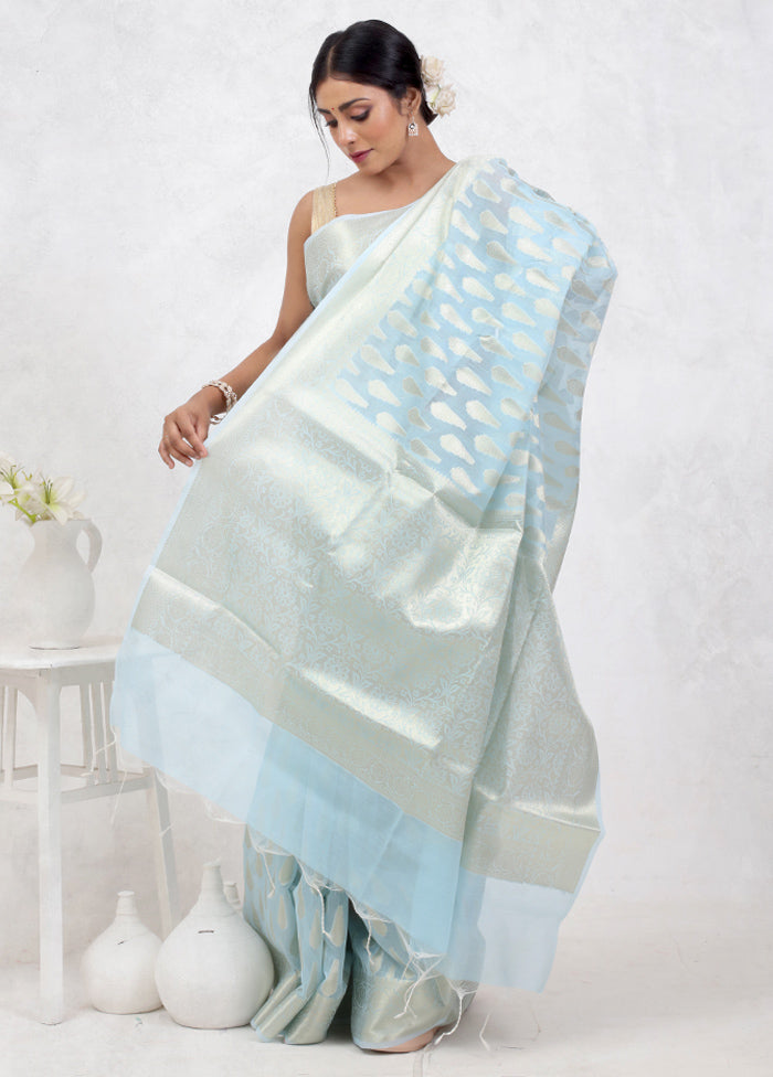 Blue Kora Silk Saree Without Blouse Piece - Indian Silk House Agencies