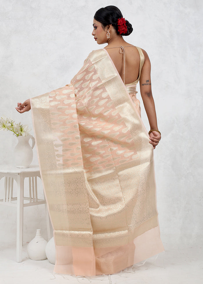 Peach Kora Silk Saree Without Blouse Piece - Indian Silk House Agencies