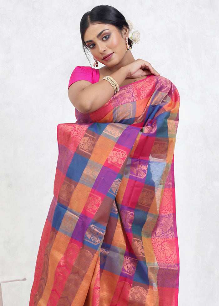 Blue Kora Silk Saree Without Blouse Piece - Indian Silk House Agencies