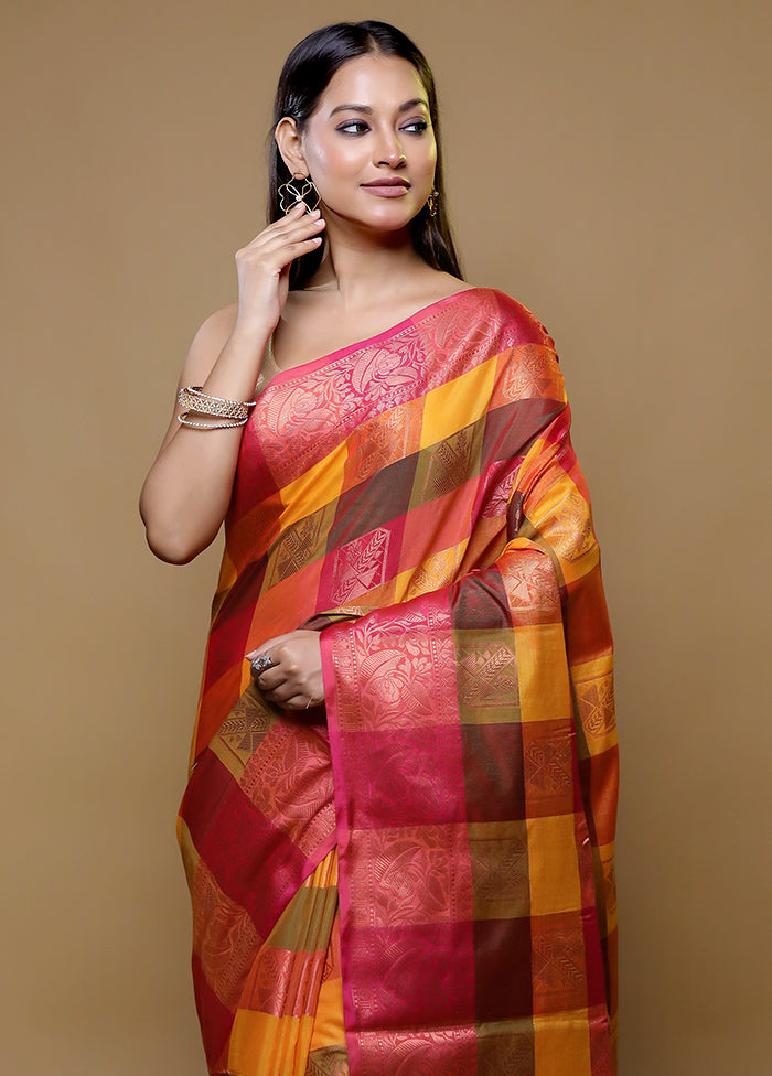 yellow Kora Silk Saree With Blouse Piece