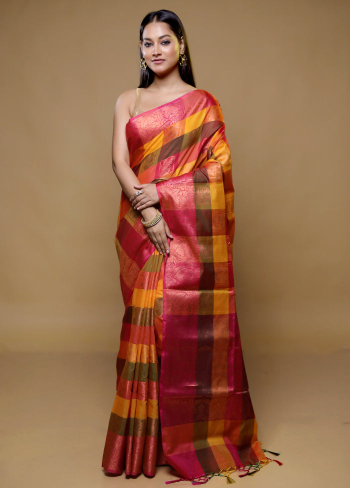 yellow Kora Silk Saree With Blouse Piece