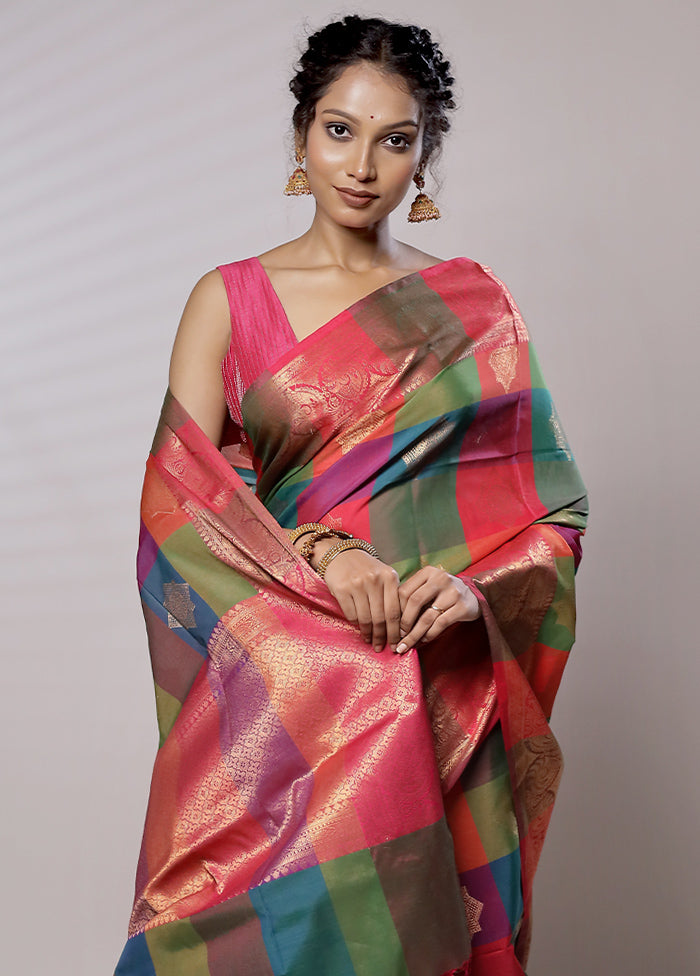 Multicolor Kora Silk Saree With Blouse Piece