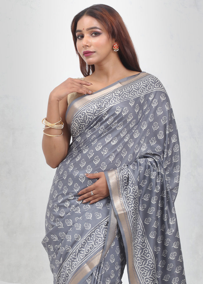 Grey Chanderi Cotton Saree Without Blouse Piece - Indian Silk House Agencies