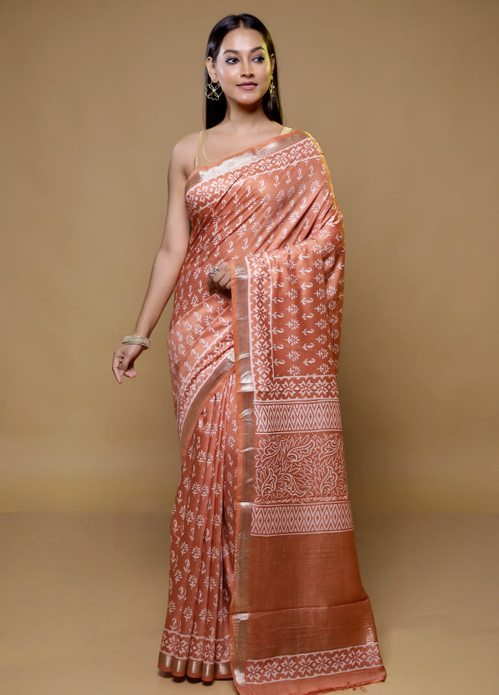 Rust Chanderi Cotton Saree With Blouse Piece