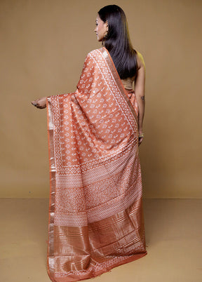 Rust Chanderi Cotton Saree With Blouse Piece