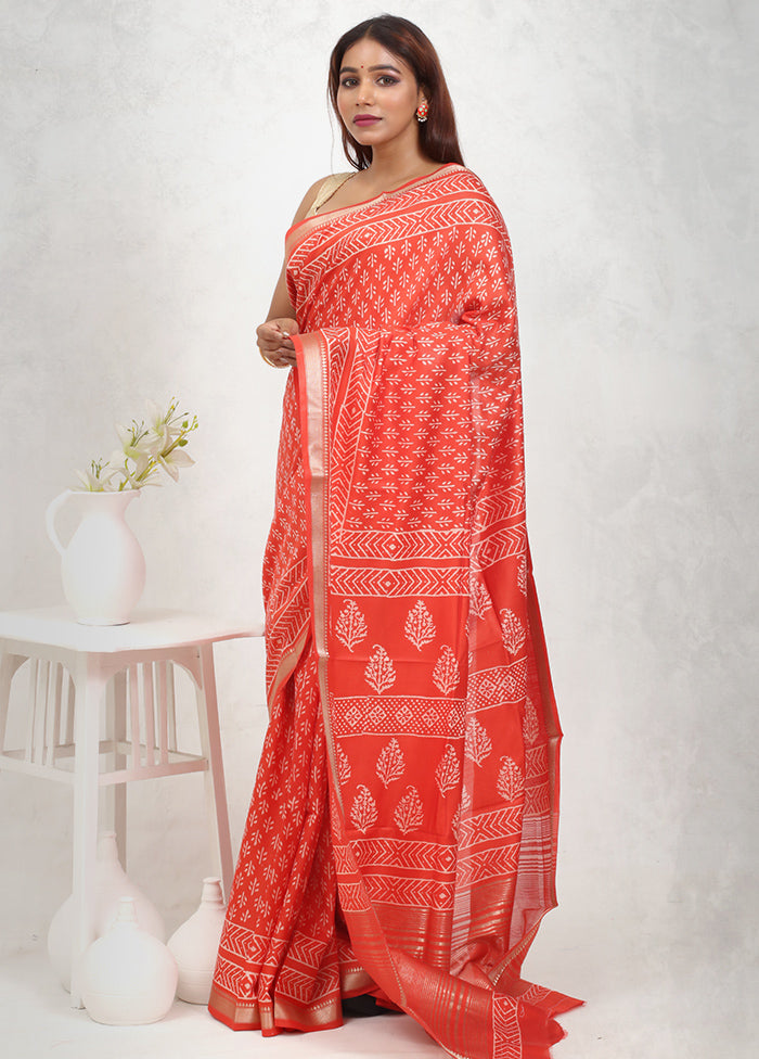 Red Chanderi Cotton Saree Without Blouse Piece - Indian Silk House Agencies