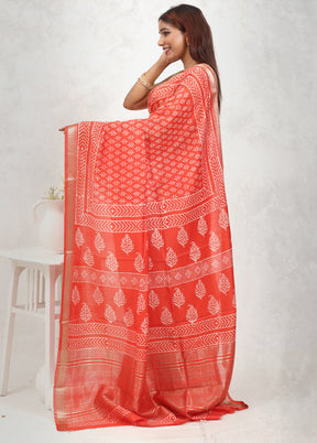 Red Chanderi Cotton Saree Without Blouse Piece - Indian Silk House Agencies