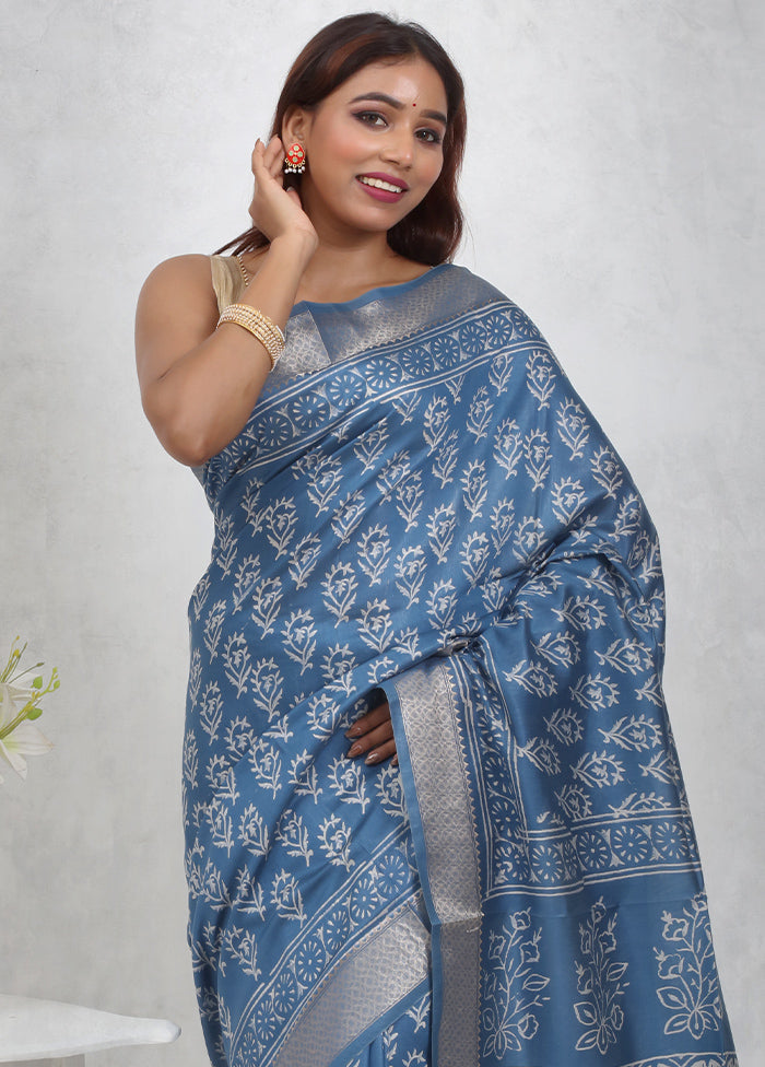 Blue Chanderi Cotton Saree Without Blouse Piece - Indian Silk House Agencies