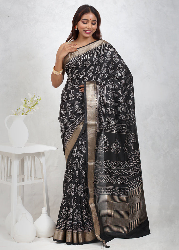 Black Chanderi Cotton Saree Without Blouse Piece - Indian Silk House Agencies