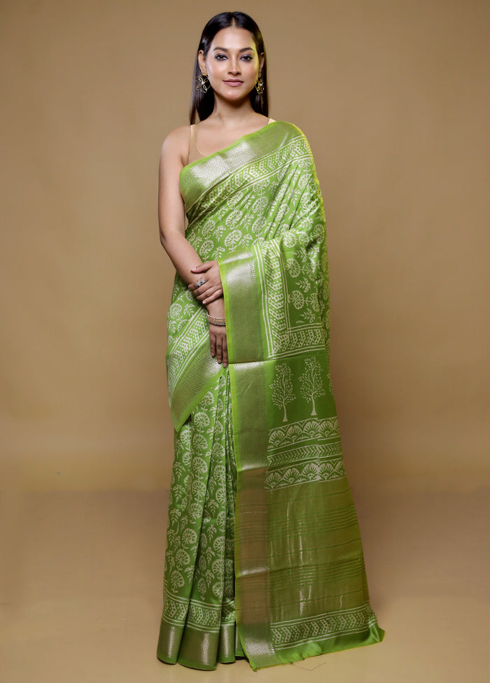 Green Chanderi Cotton Saree With Blouse Piece